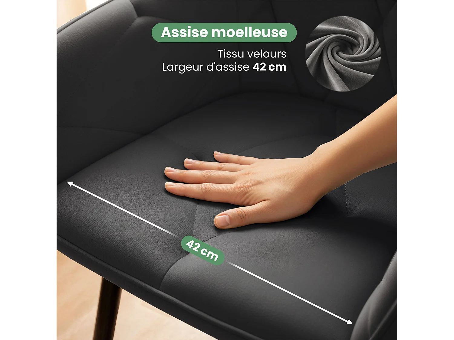 Lot de 2 Chaises en velours matelassées DIAMANTE Anthracite pieds noirs