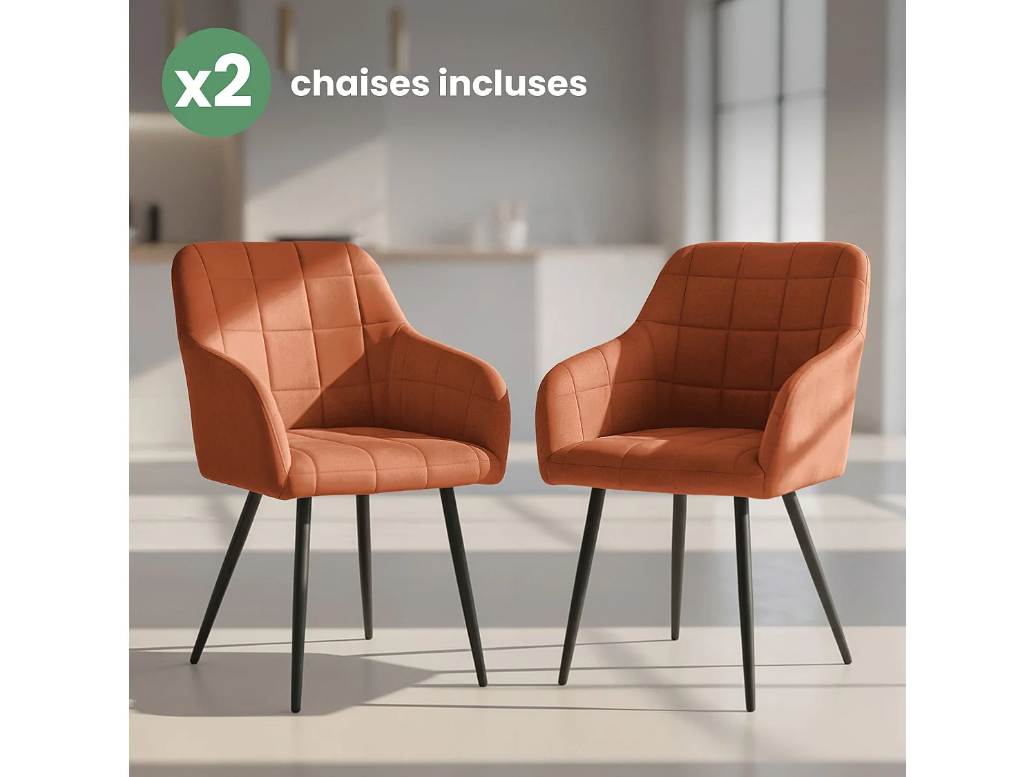 Lot de 2 Chaises rembourrées à surpiqûres carrées LUXANO Cuivre pieds noirs