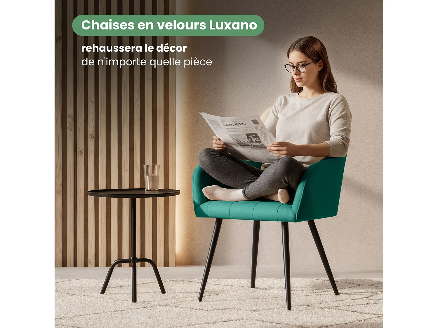 Lot de 2 Chaises rembourrées à surpiqûres carrées LUXANO Vert Bouteille pieds noirs