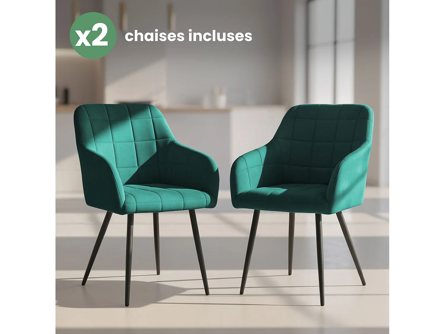 Lot de 2 Chaises rembourrées à surpiqûres carrées LUXANO Vert Bouteille pieds noirs