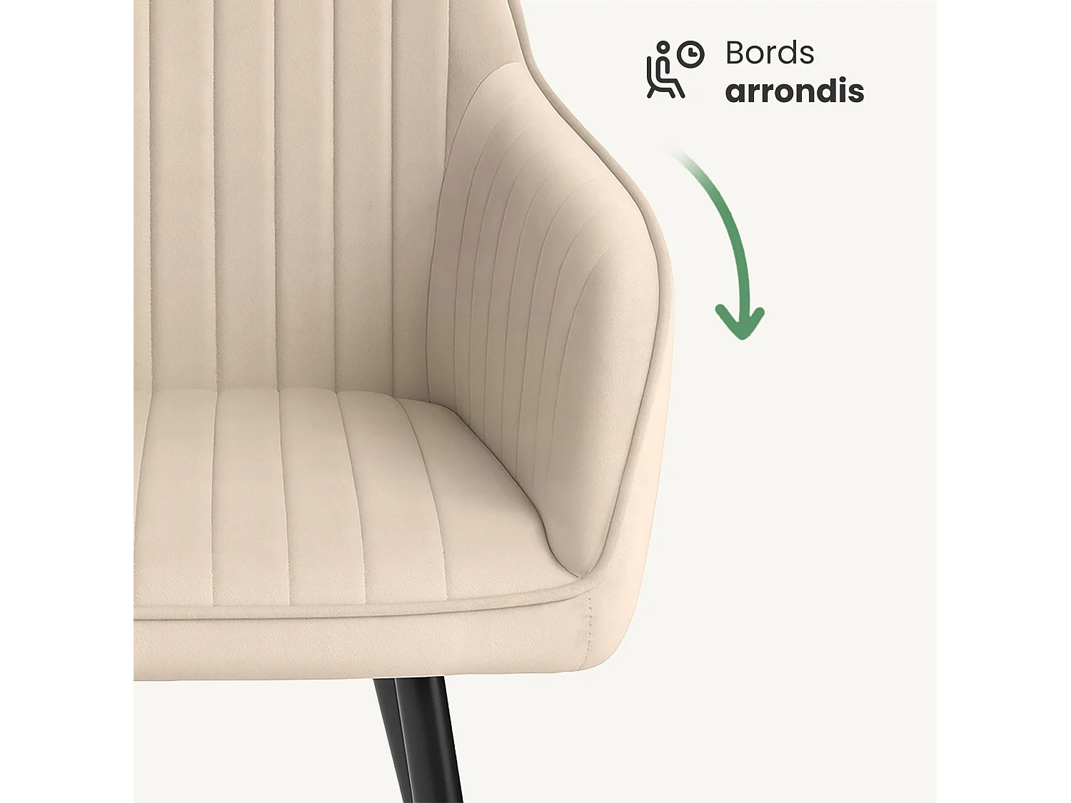 Set van 2 Eetkamerstoelen FLORENCE met Armleuningen / Gestoffeerde Stoelen / Fluwelen Stoelen en Metalen Poten / Beige met zwarte benen