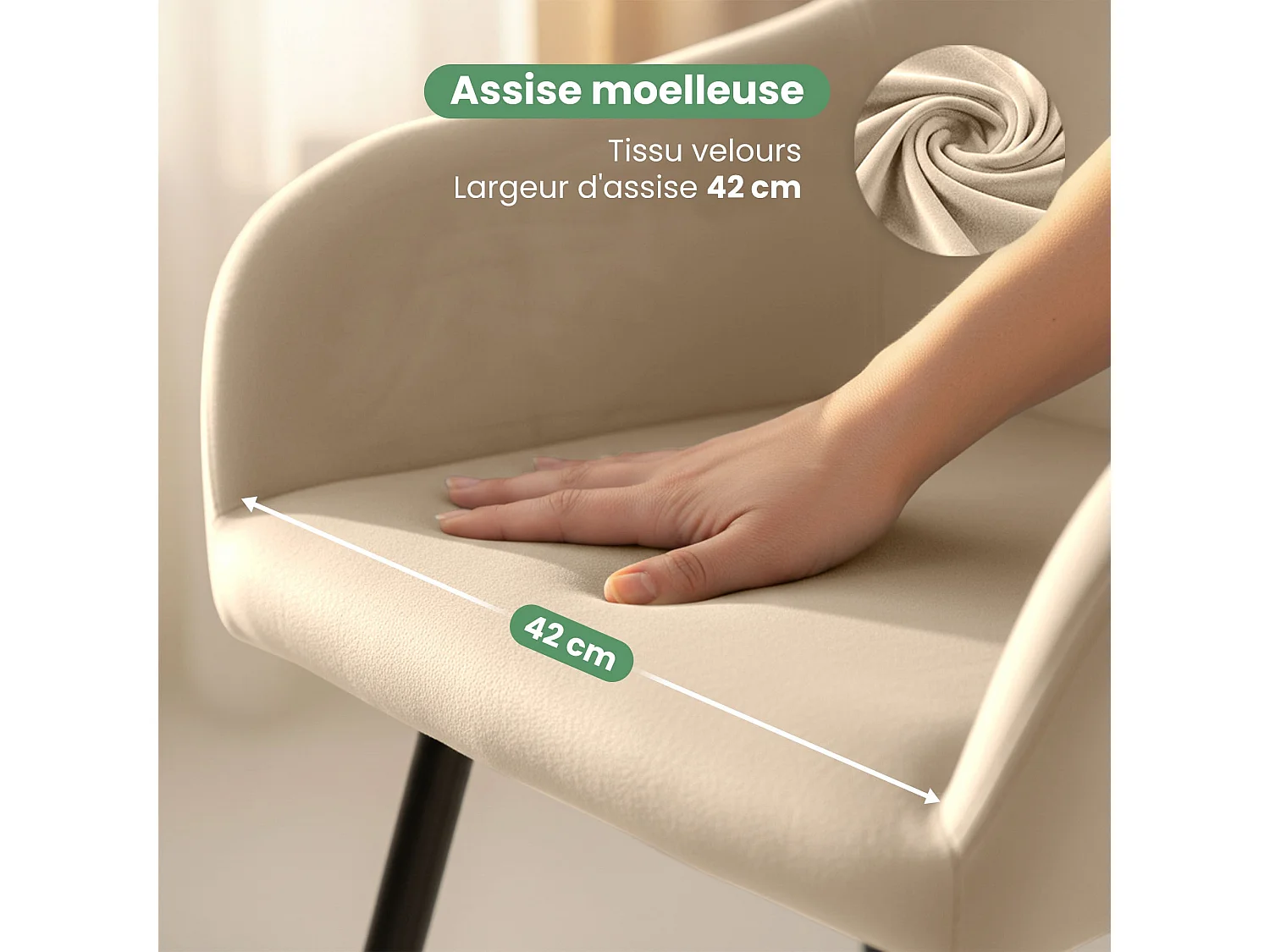 Lot de 2 Chaises en velours lisses ESTELLE Beige pieds noirs