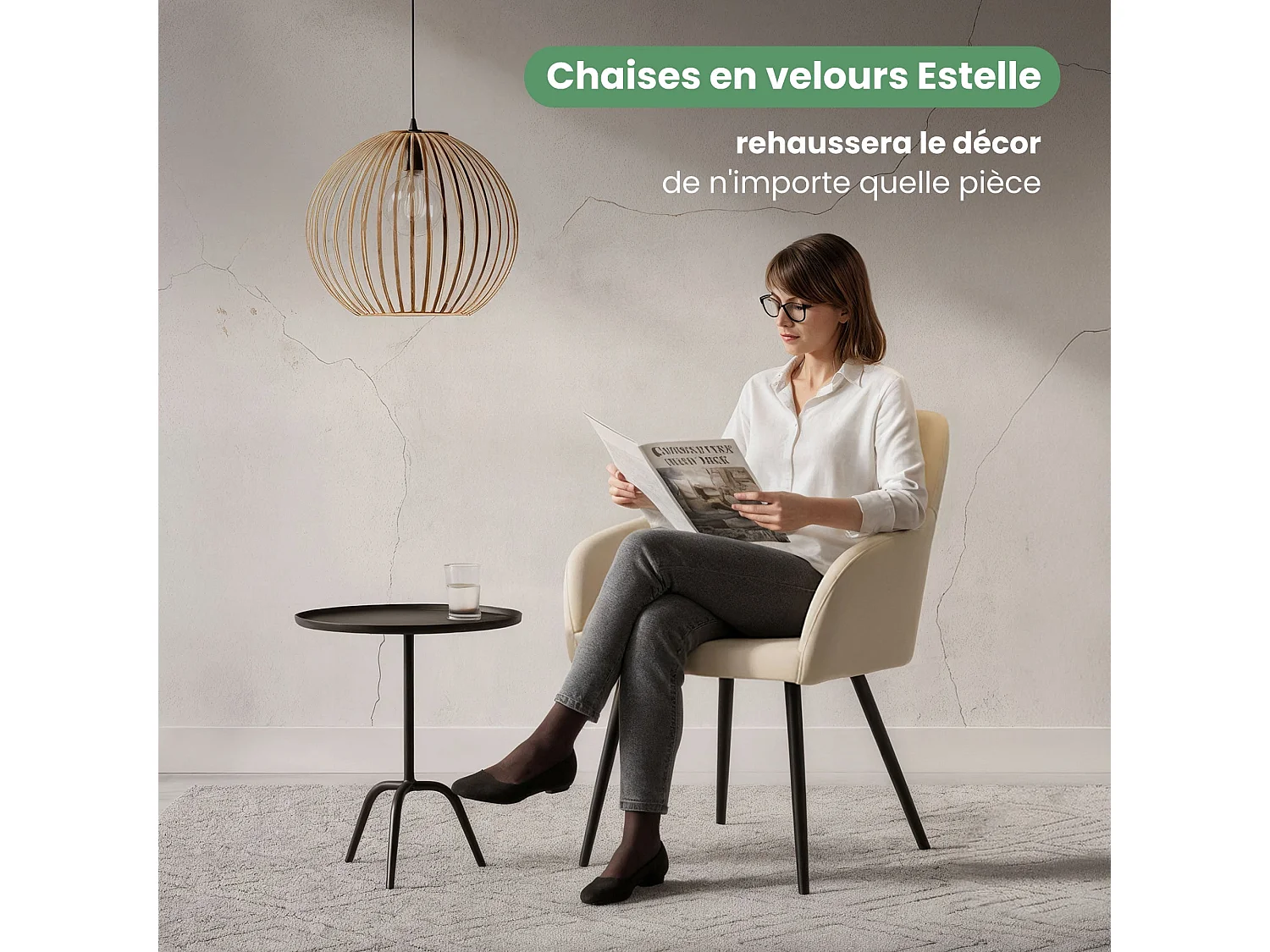 Lot de 2 Chaises en velours lisses ESTELLE Beige pieds noirs