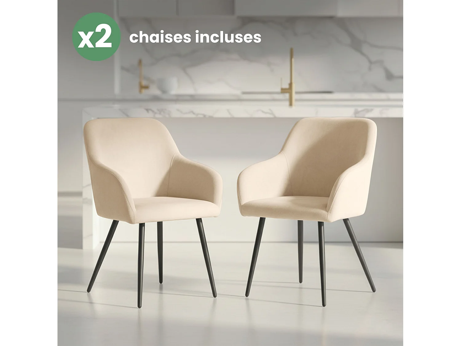 Lot de 2 Chaises en velours lisses ESTELLE Beige pieds noirs