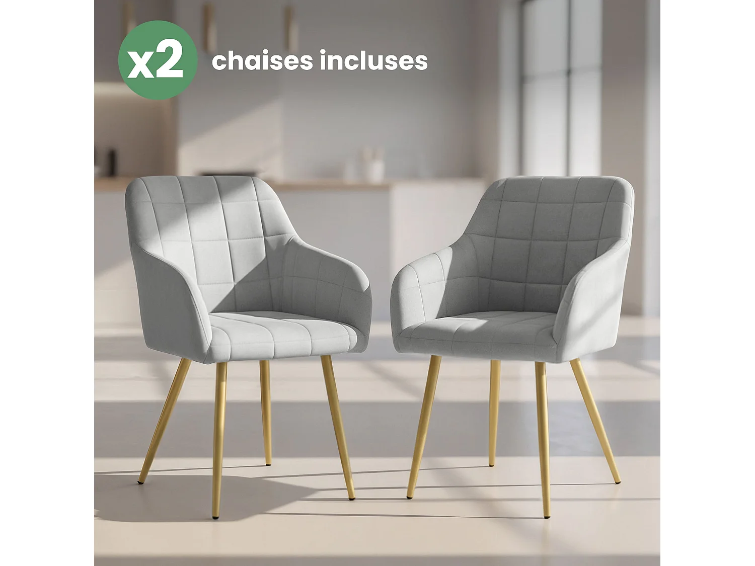 Lot de 2 Chaises rembourrées à surpiqûres carrées LUXANO Gris pieds dorés