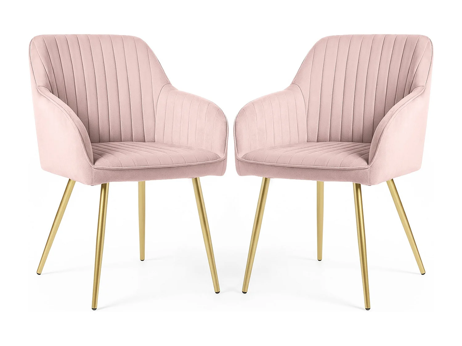 Set van 2 Eetkamerstoelen FLORENCE met Armleuningen / Gestoffeerde Stoelen / Fluwelen Stoelen en Metalen Poten / Poederroze met gouden benen