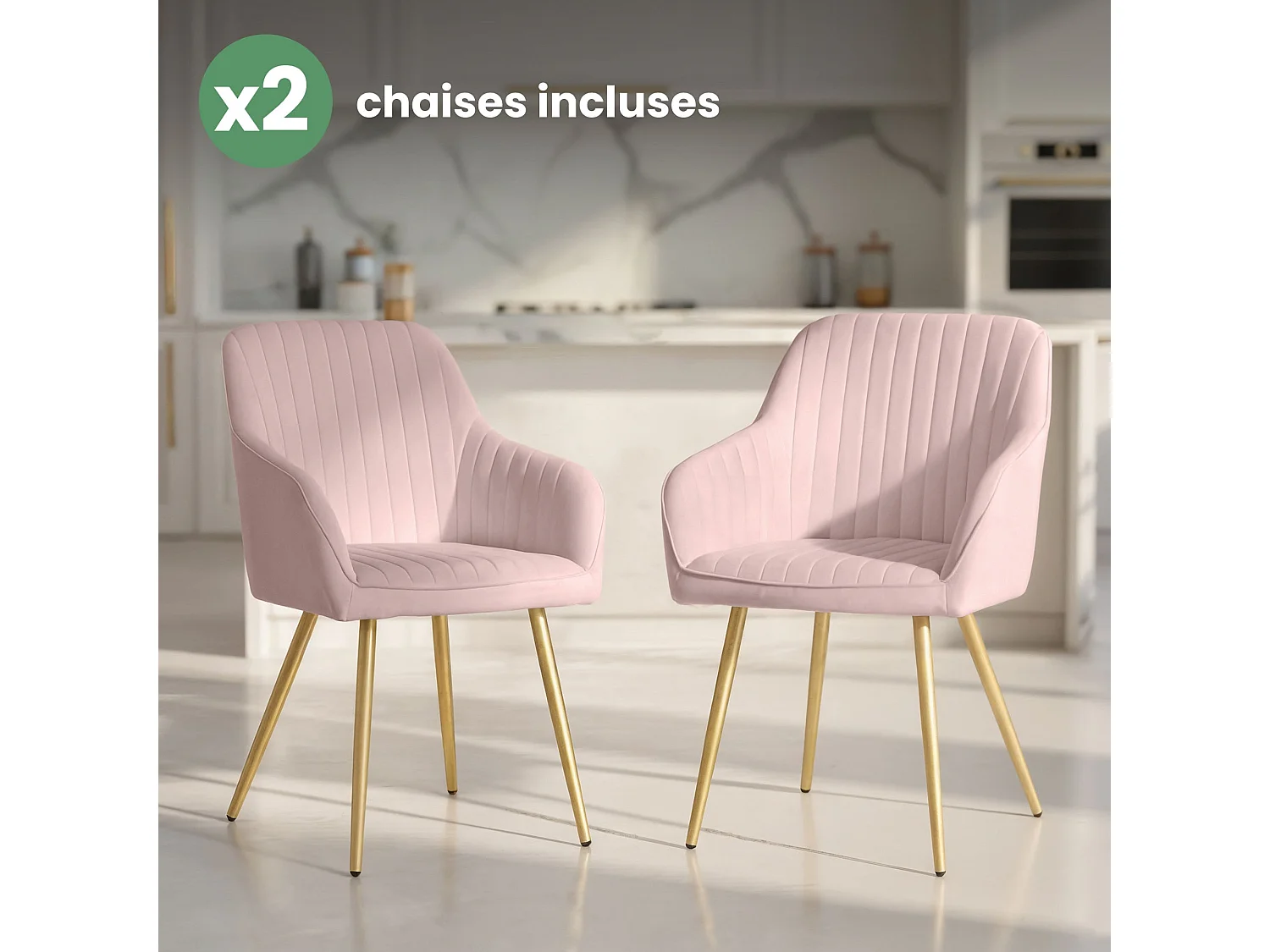 Set van 2 Eetkamerstoelen FLORENCE met Armleuningen / Gestoffeerde Stoelen / Fluwelen Stoelen en Metalen Poten / Poederroze met gouden benen