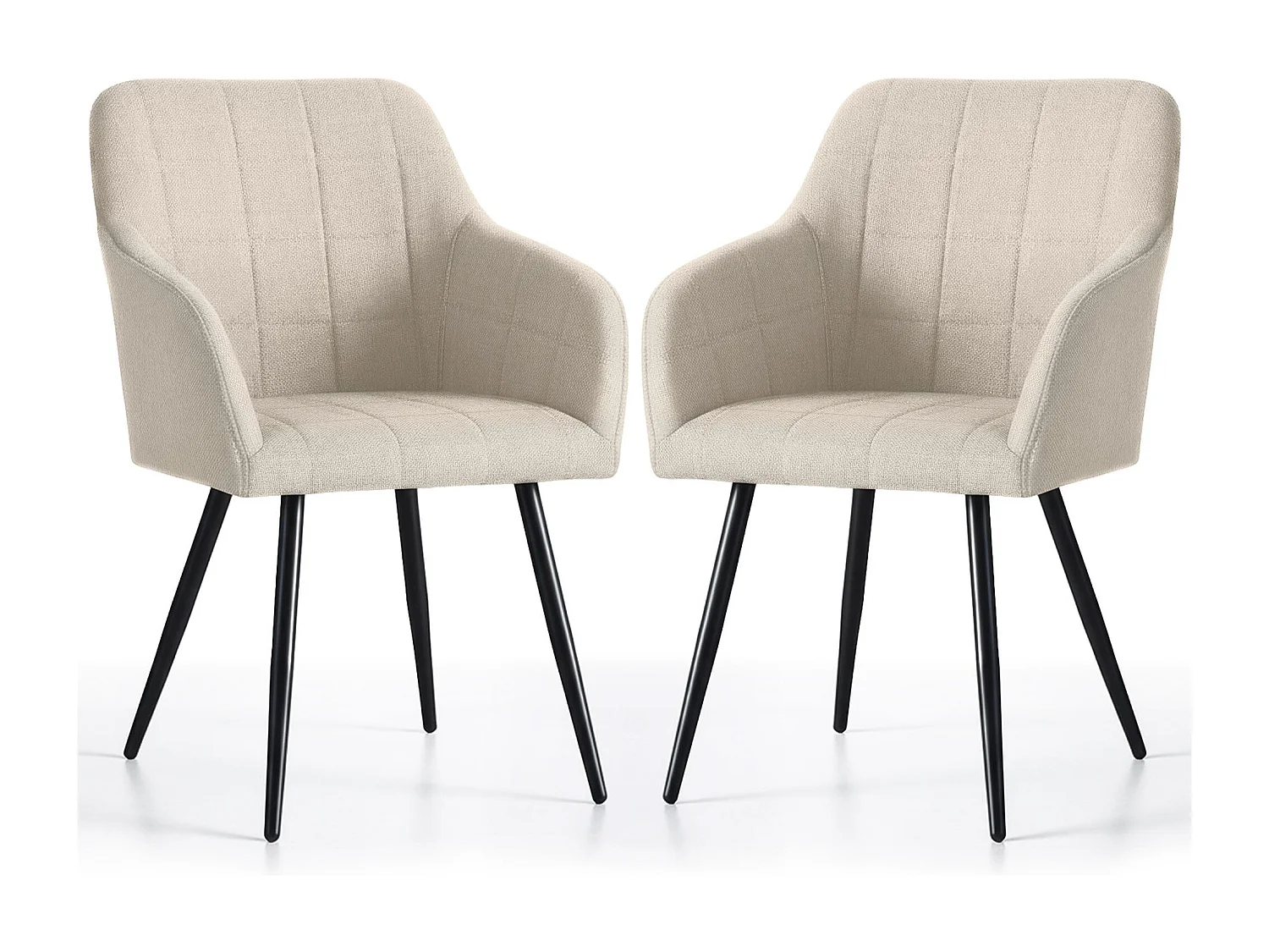 Lot de 2 Chaises rembourrées à surpiqûres carrées LUXANO Beige pieds noirs tissu Lumos