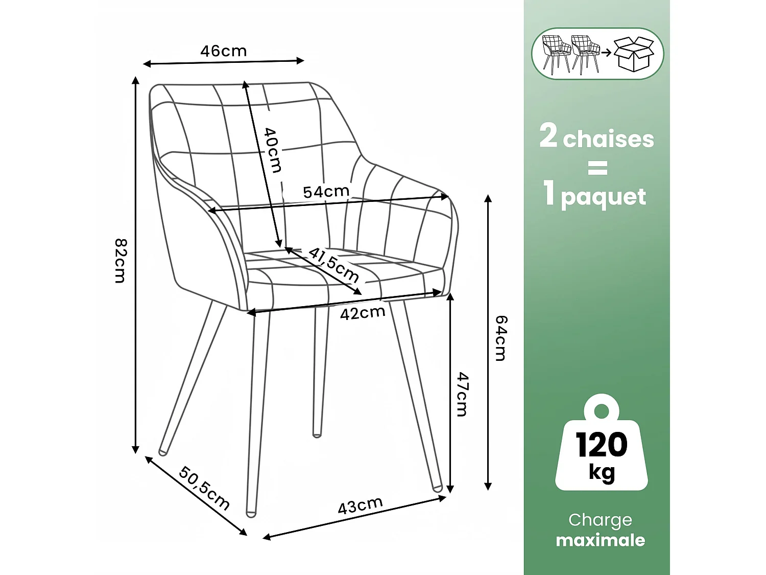 Lot de 2 Chaises rembourrées à surpiqûres carrées LUXANO Beige pieds noirs tissu Lumos