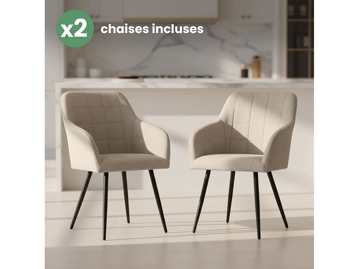 Lot de 2 Chaises rembourrées à surpiqûres carrées LUXANO Beige pieds noirs tissu Lumos