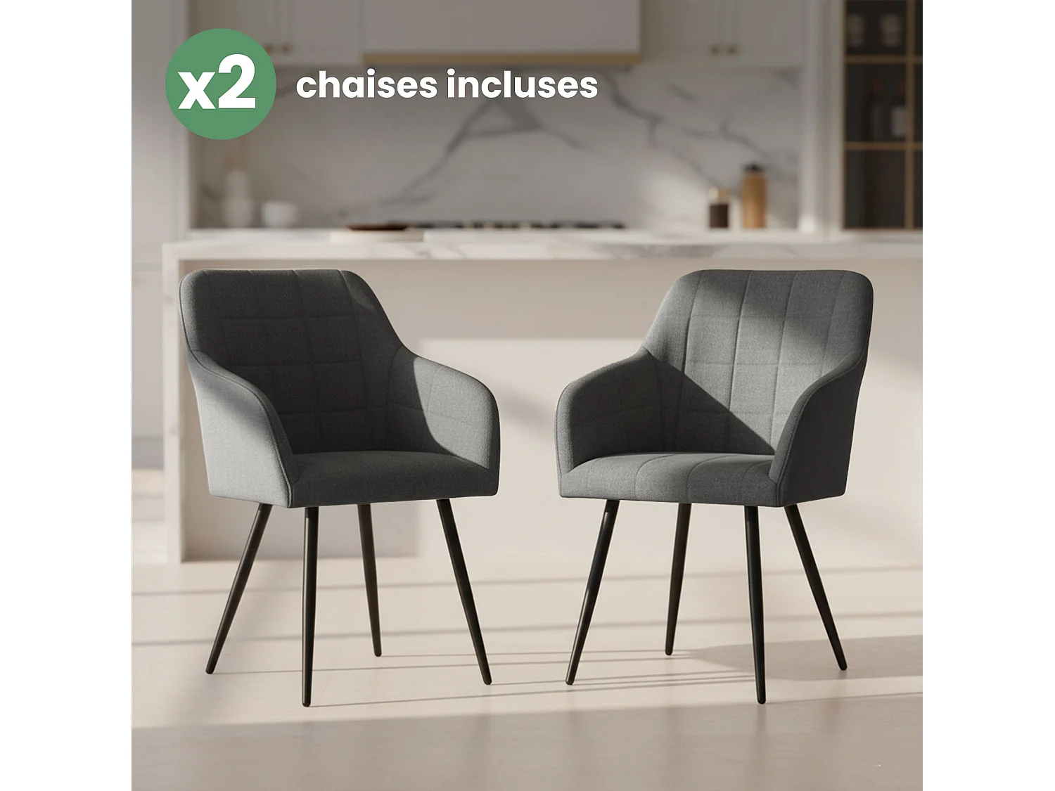Lot de 2 Chaises rembourrées à surpiqûres carrées LUXANO Anthracite pieds noirs tissu Lumos