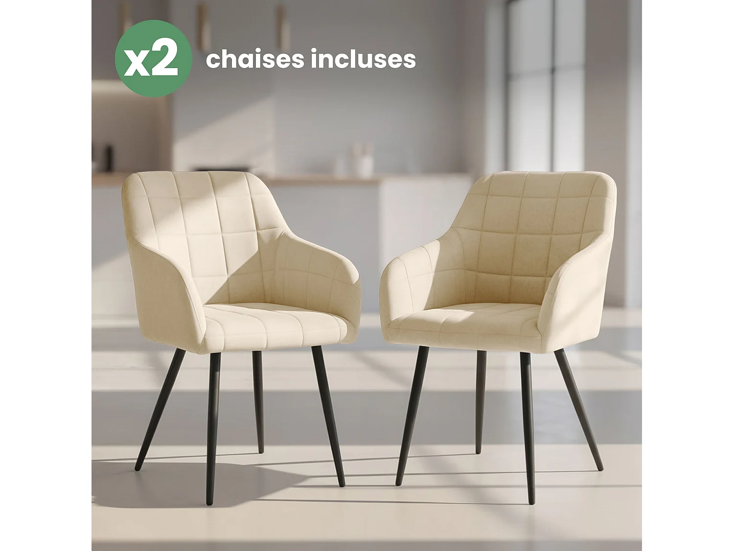 Lot de 2 Chaises rembourrées à surpiqûres carrées LUXANO Beige pieds noirs