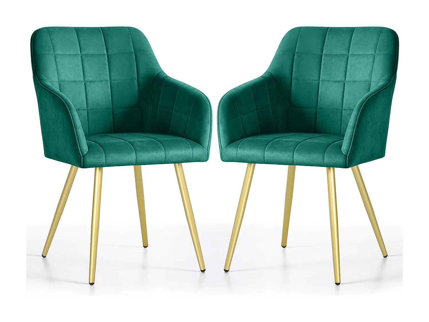 Lot de 2 Chaises rembourrées à surpiqûres carrées LUXANO Vert Bouteille pieds dorés