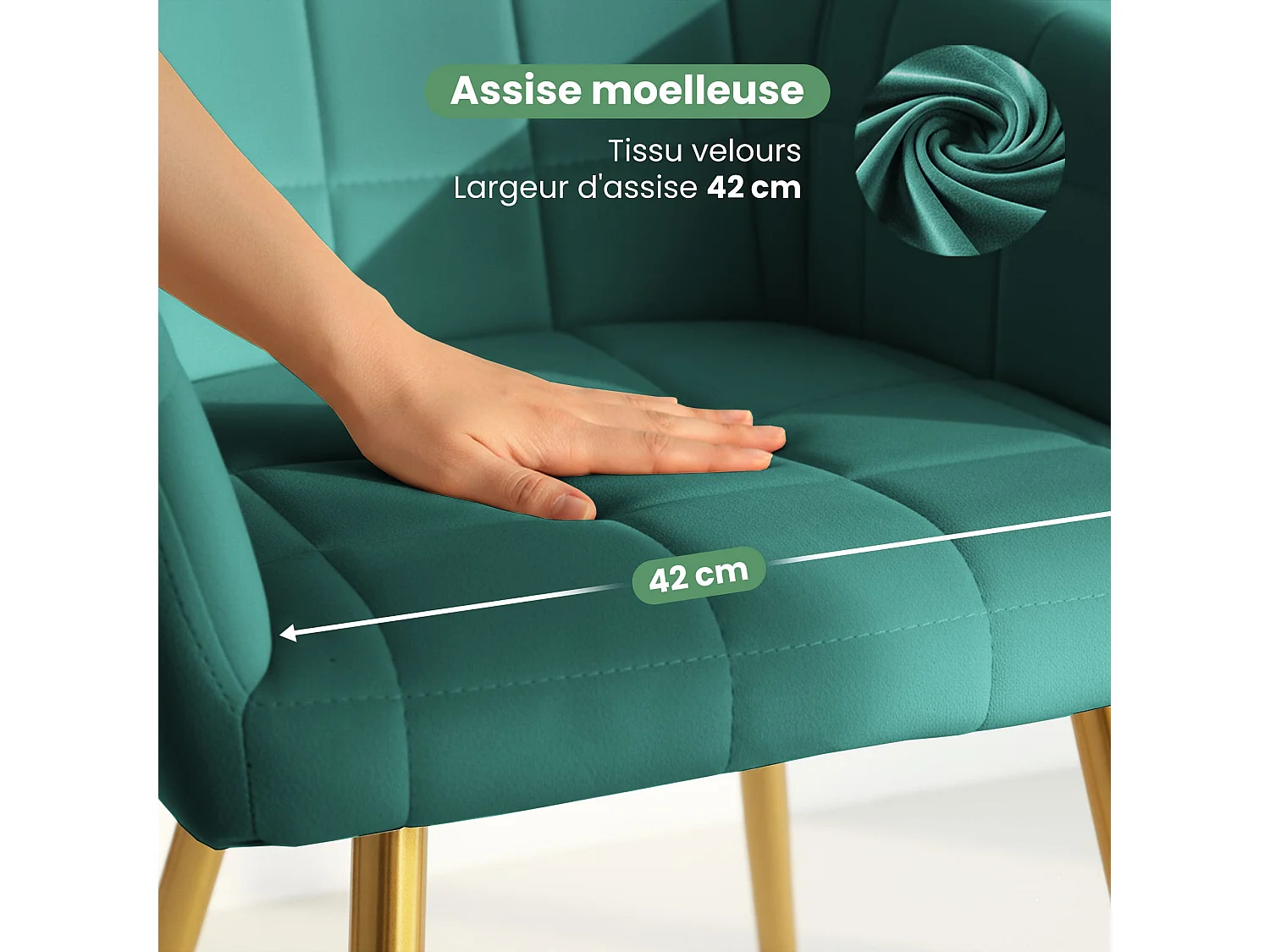 Lot de 2 Chaises rembourrées à surpiqûres carrées LUXANO Vert Bouteille pieds dorés