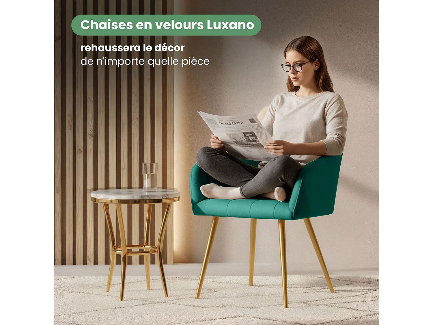 Lot de 2 Chaises rembourrées à surpiqûres carrées LUXANO Vert Bouteille pieds dorés