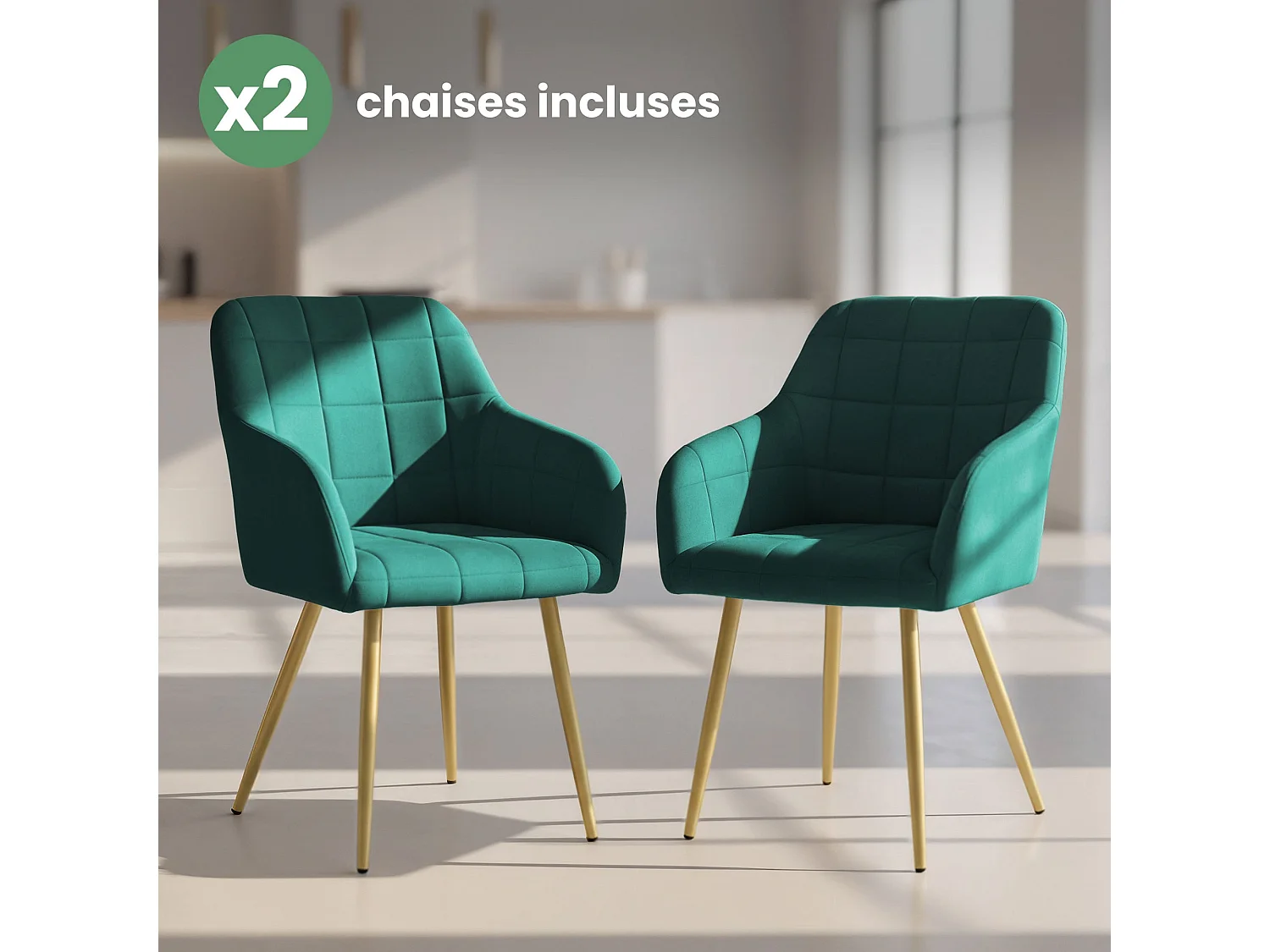 Lot de 2 Chaises rembourrées à surpiqûres carrées LUXANO Vert Bouteille pieds dorés
