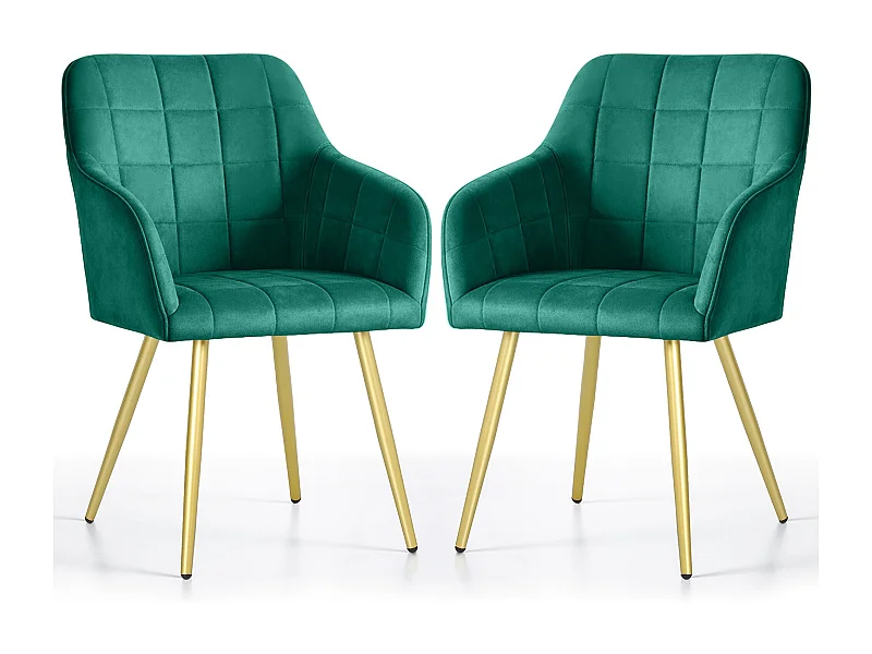 2er Set Polsterstühle mit quadratischen Ziernähten LUXANO Dunkelgrün mit goldenen Beinen
