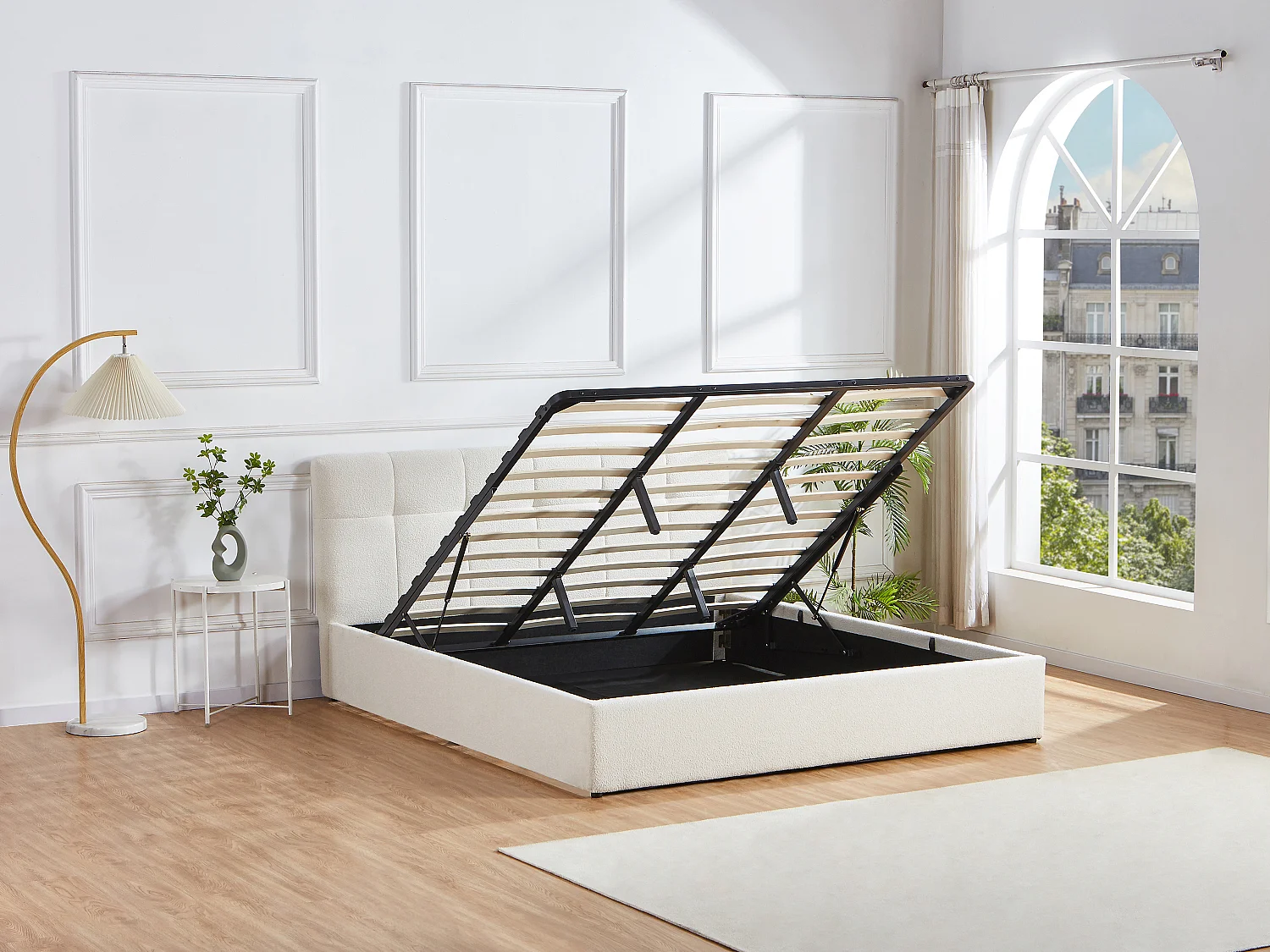 Lit coffre 200 x 200 cm - Tissu bouclette - Blanc - MAZIRI
