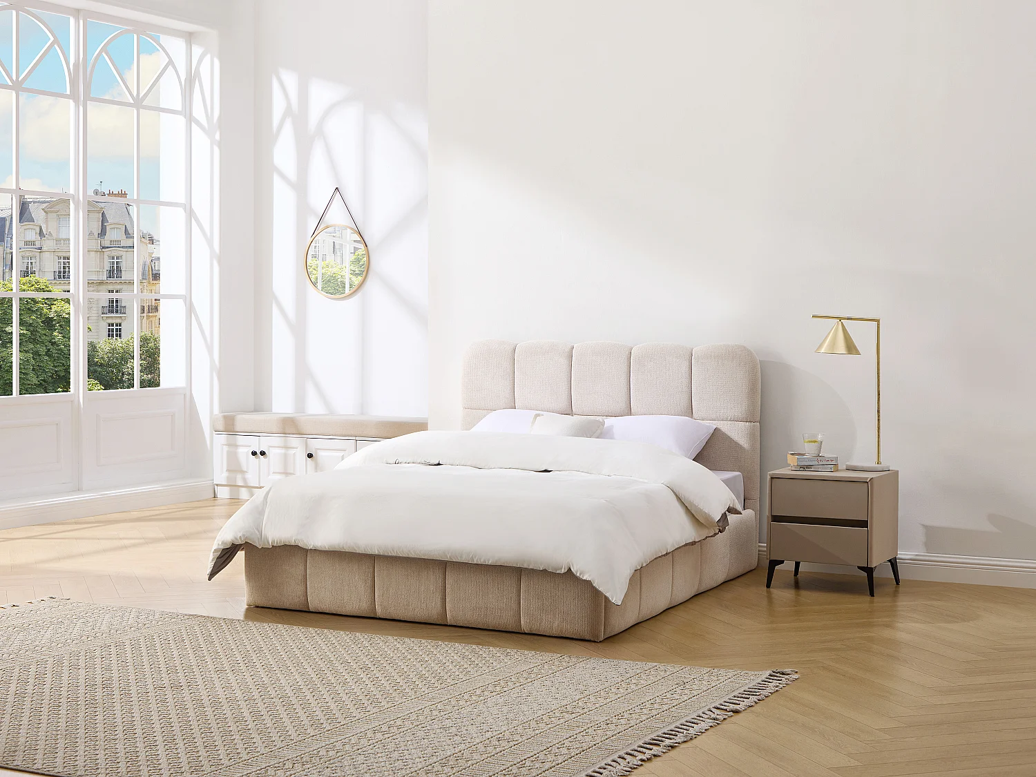 Lit 140 x 190 cm – Tissu texturé – Beige – DILUDO