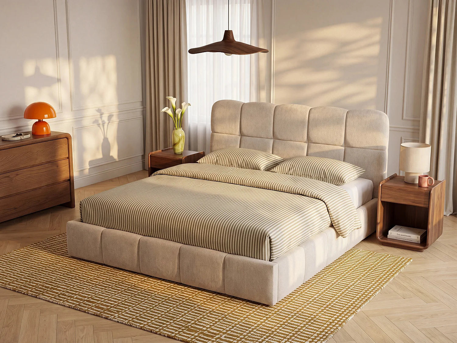 Lit 180 x 200 cm – Tissu texturé – Beige – DILUDO