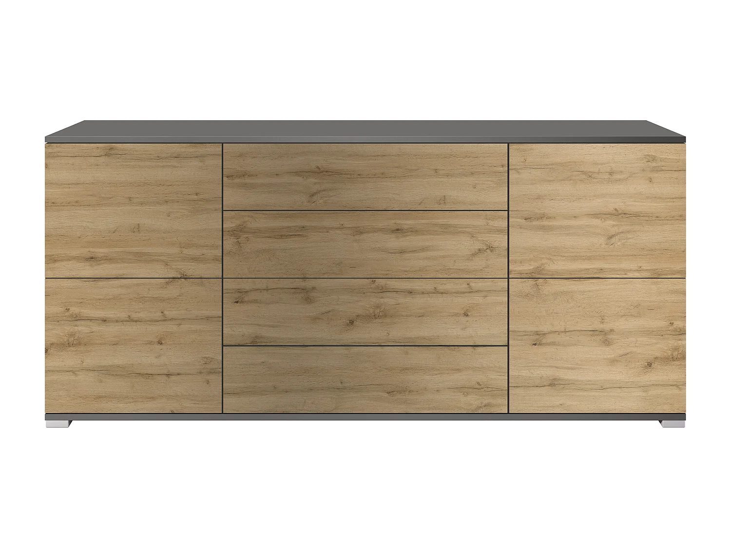 Buffet Rova V2 – Meuble avec 4 Portes et 4 Tiroirs, anthracite mat/Chêne Evoke (166,5 x 75,5 x 35)