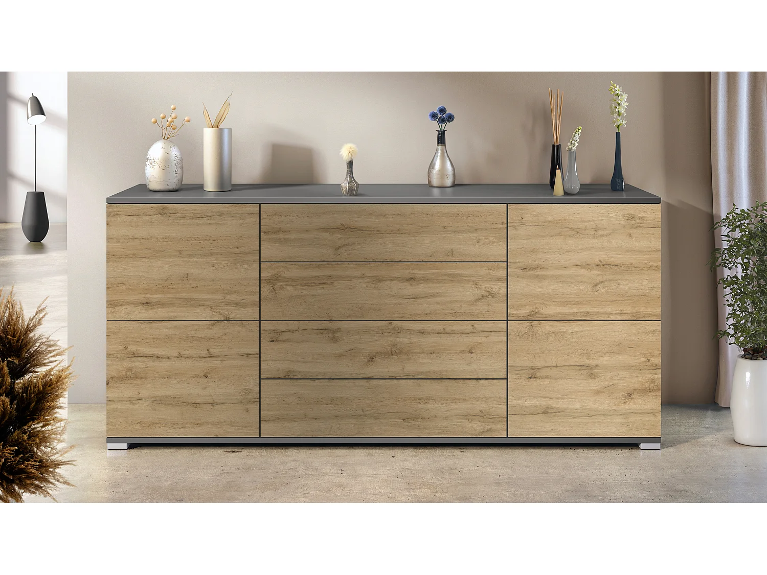 Buffet Rova V2 – Meuble avec 4 Portes et 4 Tiroirs, anthracite mat/Chêne Evoke (166,5 x 75,5 x 35)