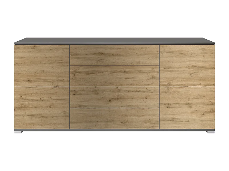 Buffet Rova V2 – Meuble avec 4 Portes et 4 Tiroirs, anthracite mat/Chêne Evoke (166,5 x 75,5 x 35)