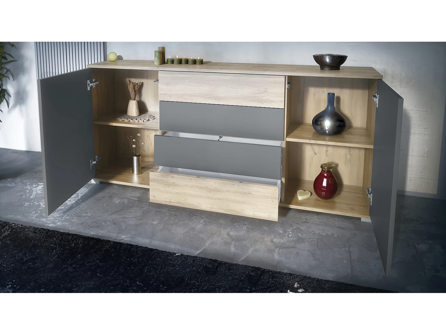 Buffet Santo V2, Enfilade avec 2 portes et 4 tiroirs, Chêne Evoke / Chêne Evoke (166,5 x 75,5 x 35 cm)