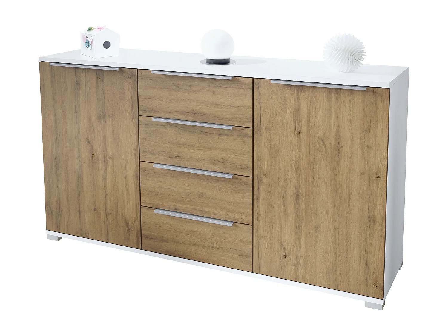 Buffet Linio V1, Enfilade avec 2 portes et 4 tiroirs, blanc mat / Chêne Evoke (138,5 x 75,5 x 35 cm)