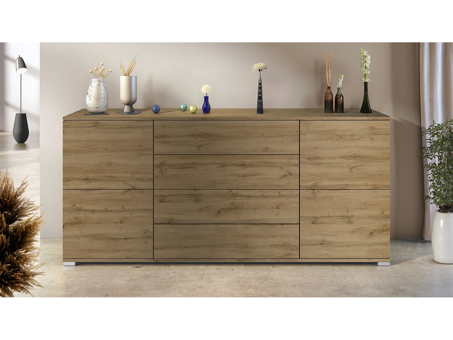 Aparador Rova V2 – Mueble con 4 Puertas y 4 Cajones, Roble Evoke/Roble Evoke (166,5 x 75,5 x 35)