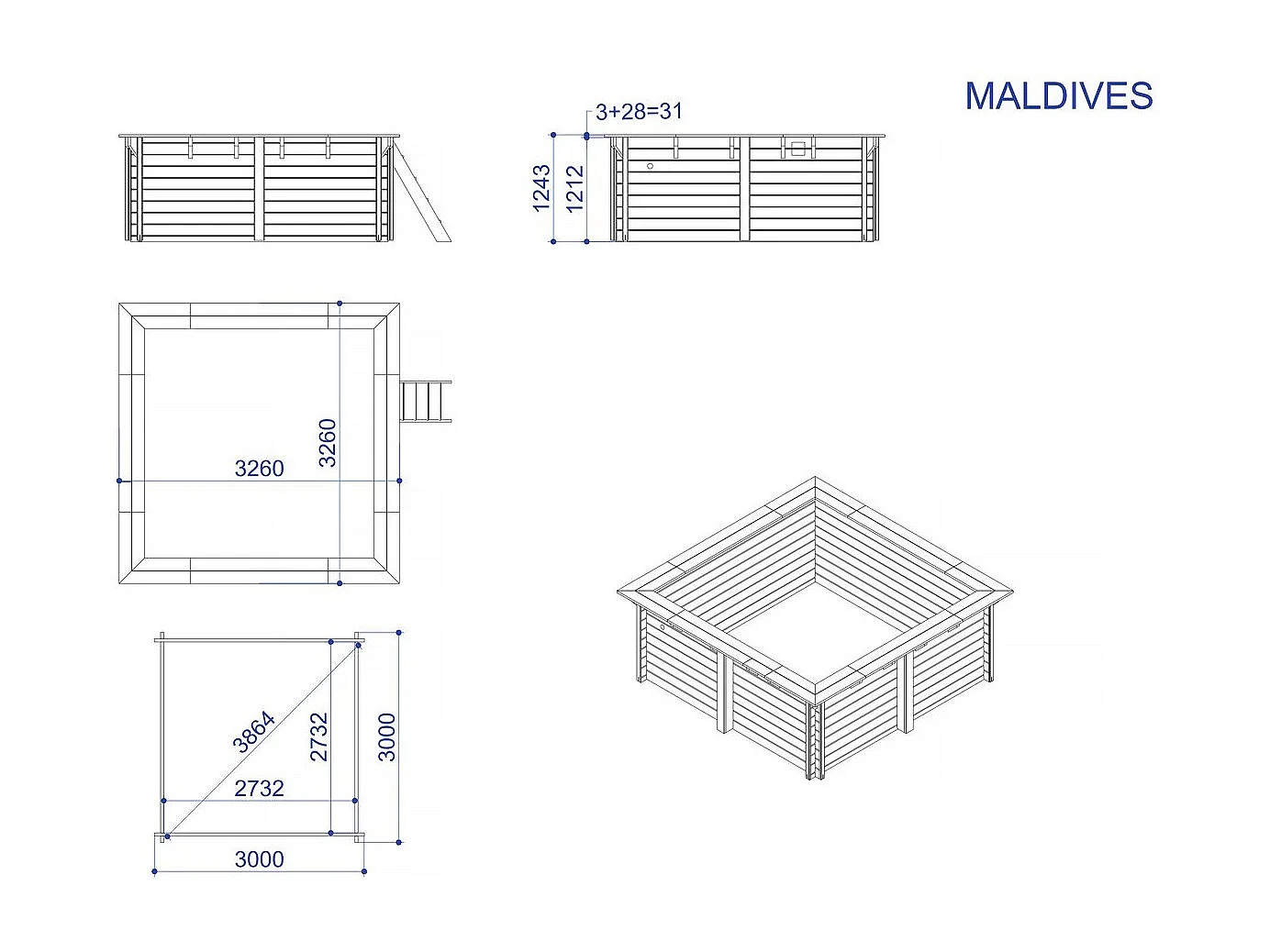 Piscine bois rectangle " Maldives  " - 3.20 x 3.20 x 1.24  m + Bâche à bulles 180 µ - Bâche hiver 280 g/m²