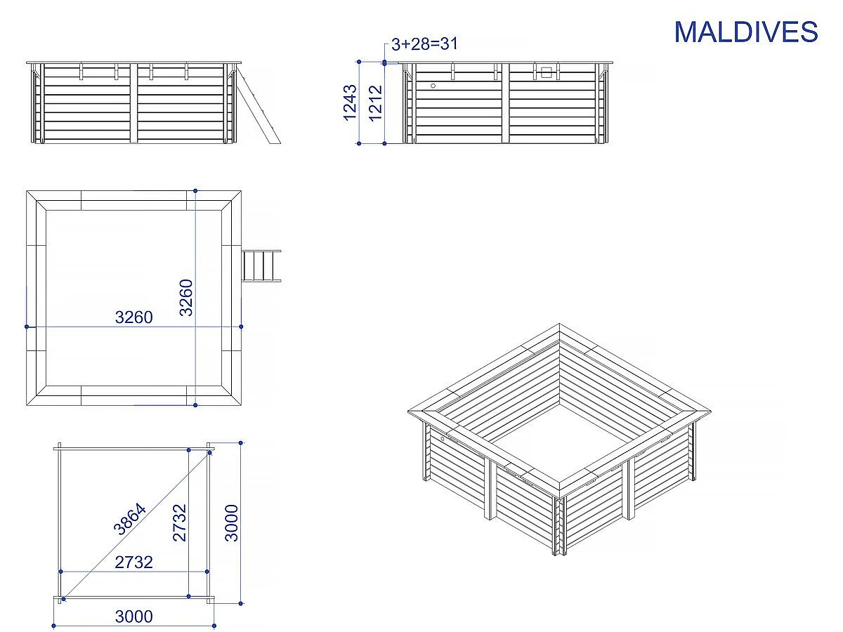 Piscine bois rectangle " Maldives  " - 3.20 x 3.20 x 1.24  m + Bâche à bulles 180 µ - Bâche hiver 280 g/m²
