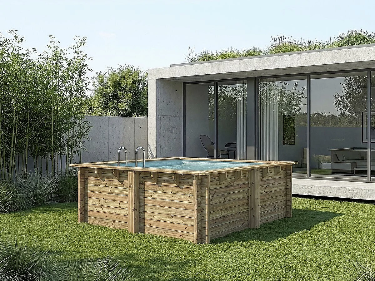 Piscina rectangular de madera <<Maldivas>> - 3,20 x 3,20 x 1,24 m + Lona de burbujas de 180 µ - Lona de invierno de 280 g/m²