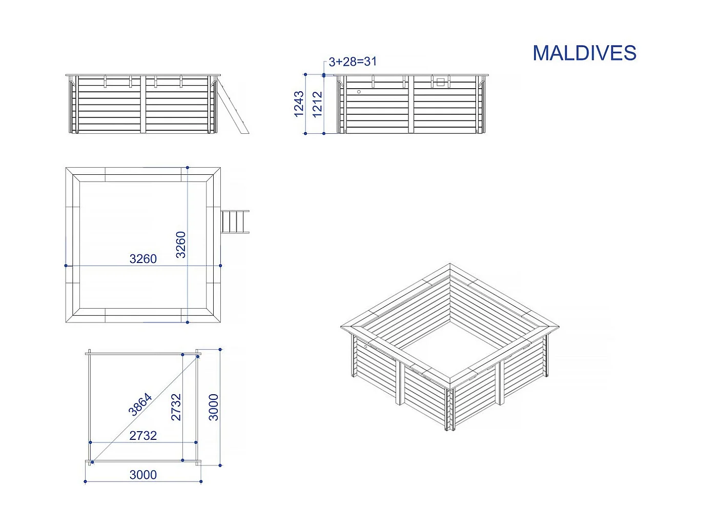 Piscine bois rectangle " Maldives " - 3.20 x 3.20 x 1.24  m + Pompe à chaleur  3.5 kw/h - Hayward - "Micro" - Noir