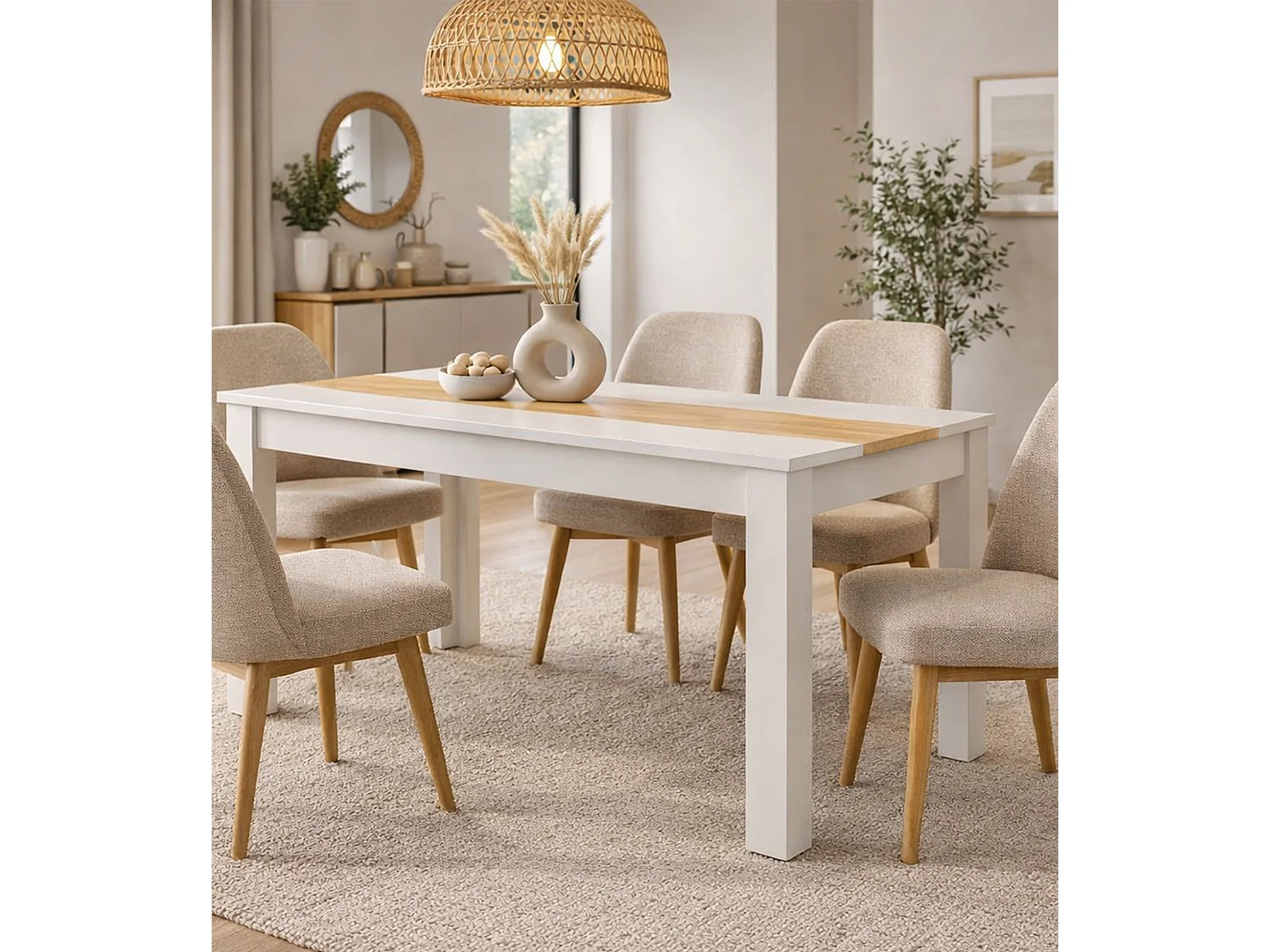 Mesa de comedor rectangular fija para 4 comensales 140x90 cm color blanco oak gold Mirko