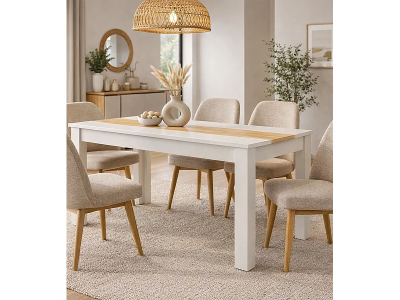 Mesa de comedor rectangular fija para 4 comensales 140x90 cm color blanco oak gold Mirko