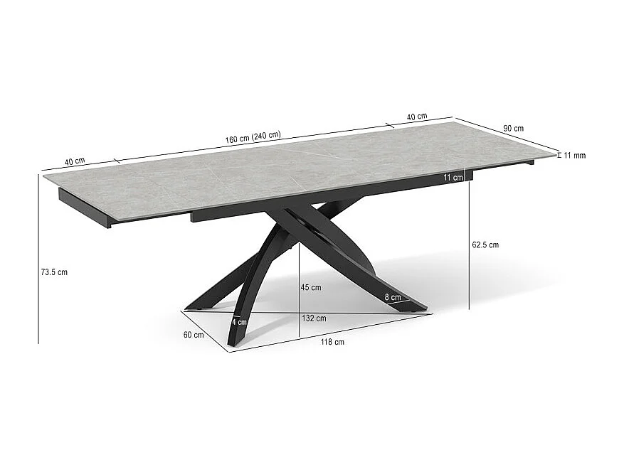 Table extensible 160 à 240 cm céramique gris marbré pied entrecroisé - ARIZONA 11