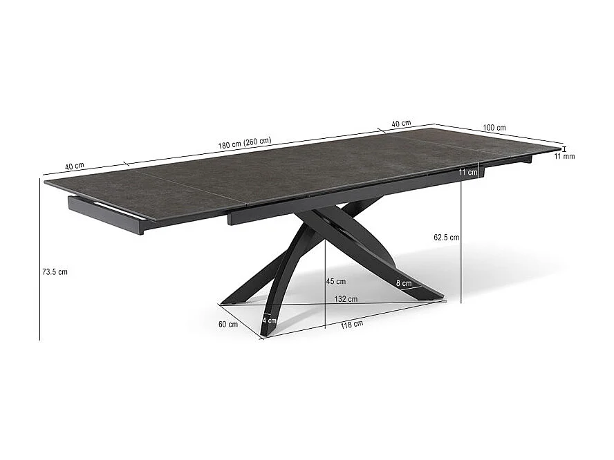 Table extensible 180 à 260 cm céramique gris anthracite pied entrecroisé - UTAH 11