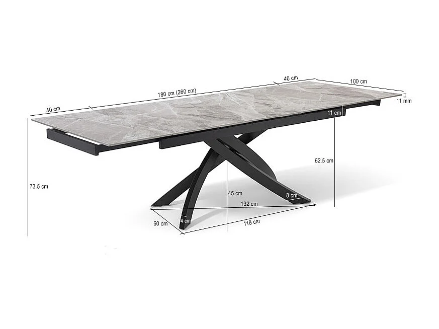 Table extensible 180 à 260 cm céramique gris marbré laqué pied entrecroisé - DAKOTA 11
