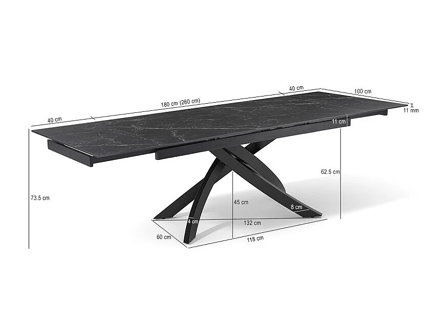 Table extensible 180 à 260 cm céramique noir marbré pied entrecroisé - INDIANA 11