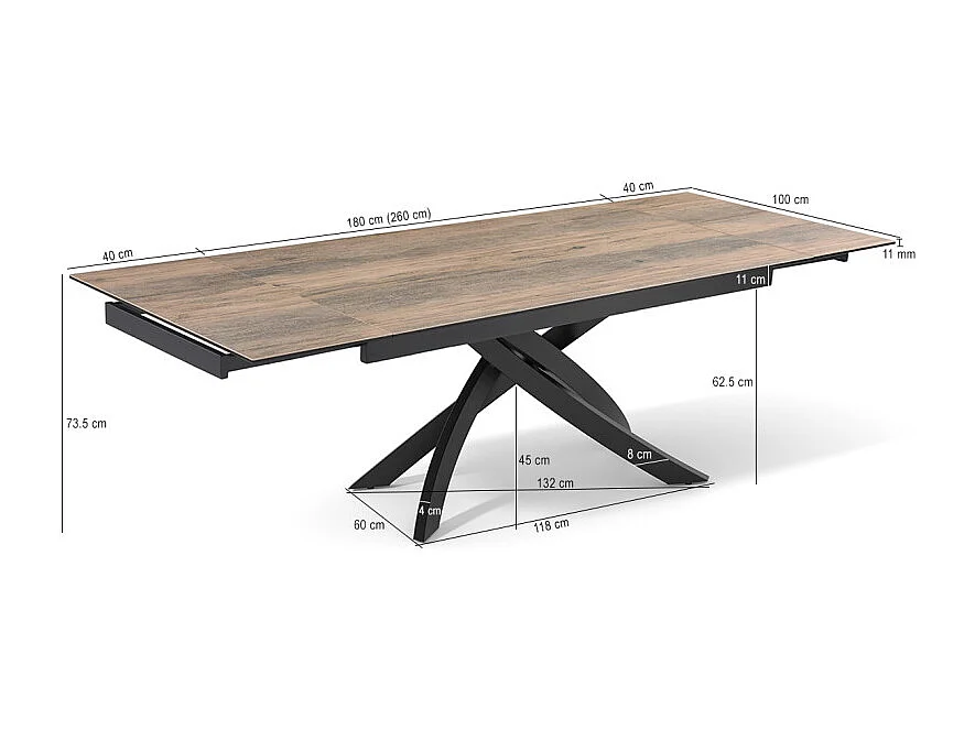 Table extensible 180 à 260 cm céramique effet bois pied entrecroisé - TEXAS 11