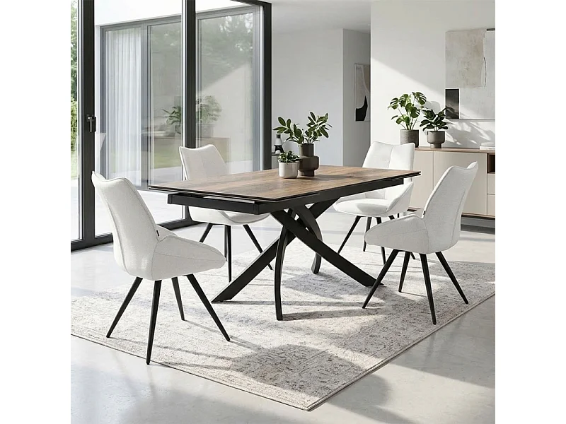 Table extensible 180 à 260 cm céramique effet bois pied entrecroisé - TEXAS 11
