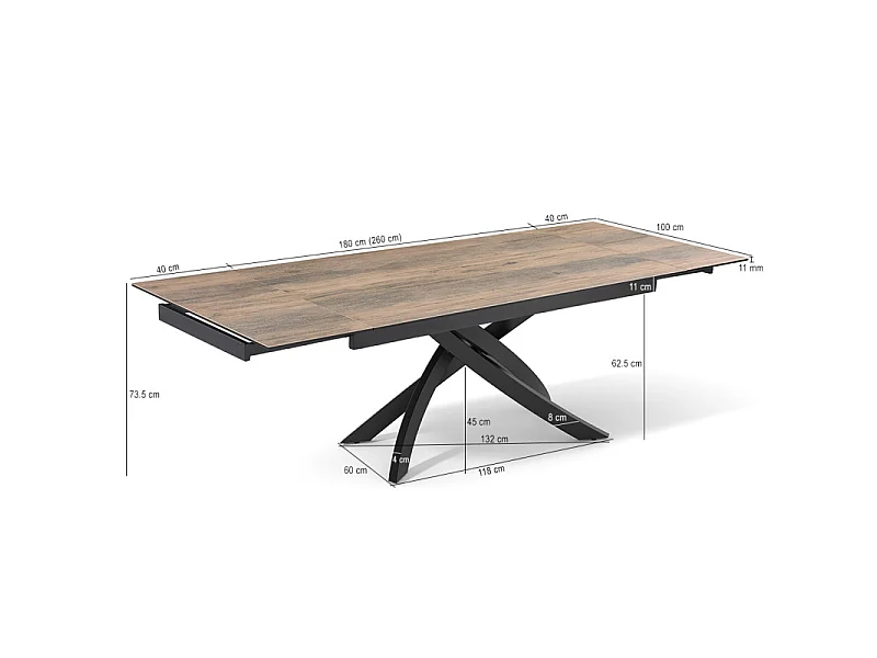 Table extensible 180 à 260 cm céramique effet bois pied entrecroisé - TEXAS 11