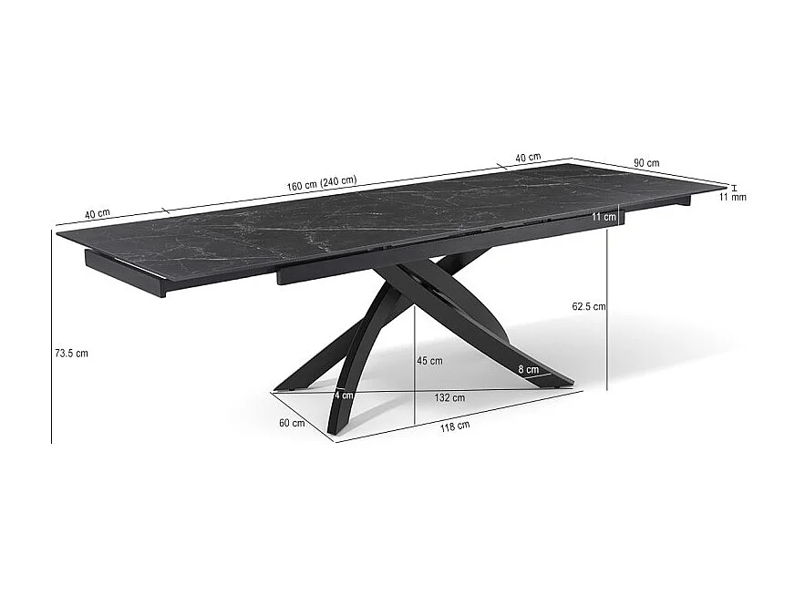 Table extensible 160 à 240 cm céramique noir marbré pied entrecroisé - INDIANA 11