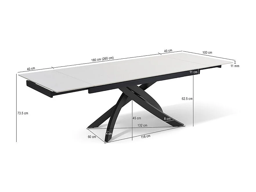 Table extensible 180 à 260 cm céramique blanc pied entrecroisé - OREGON 11