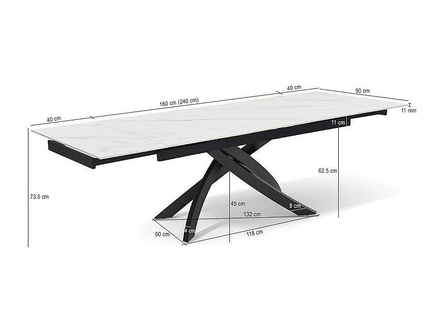 Table extensible 160 à 240 cm céramique blanc marbré pied entrecroisé - NEVADA 11