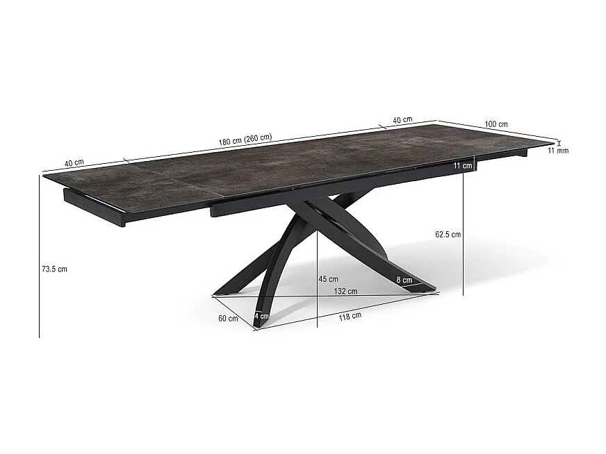 Table extensible 180 à 260 cm céramique gris vieilli pied entrecroisé - MAINE 11