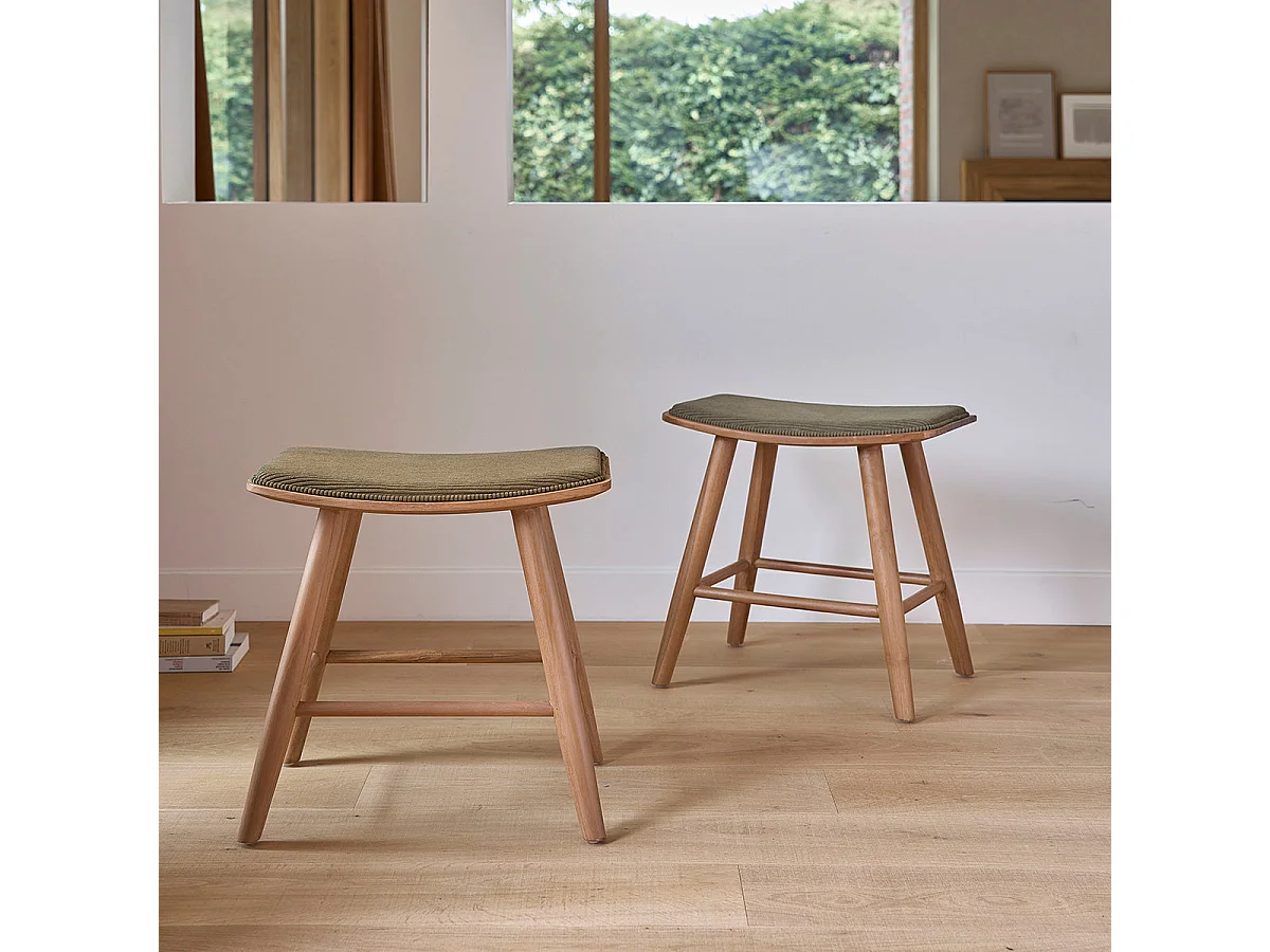Set di 2 sgabelli in teak massello, seduta in velluto a coste 45 cm