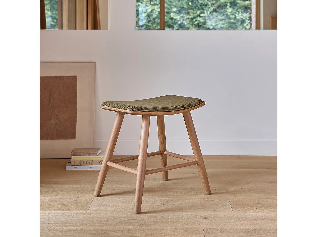 Set di 2 sgabelli in teak massello, seduta in velluto a coste 45 cm