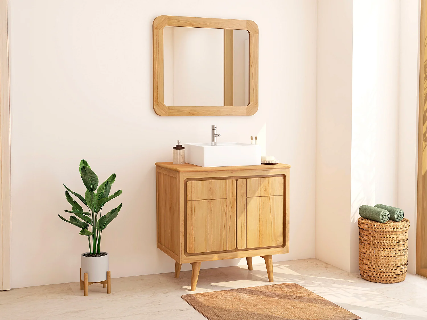 Mobile bagno in teak con piedi e lavabo da appoggio quadrato in ceramica 80 cm - BINTUNI
